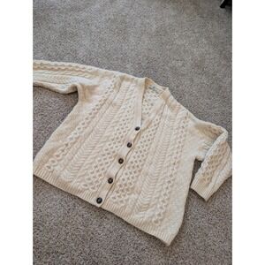 LL Bean Mens XL Cream Pure Wool Cable Knit Fisherman Cardigan Made in Ireland